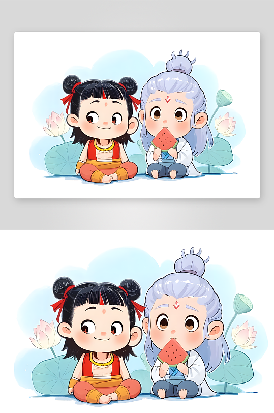 哪吒敖丙冰淇淋游泳圈夏季暑期卡通人物插画