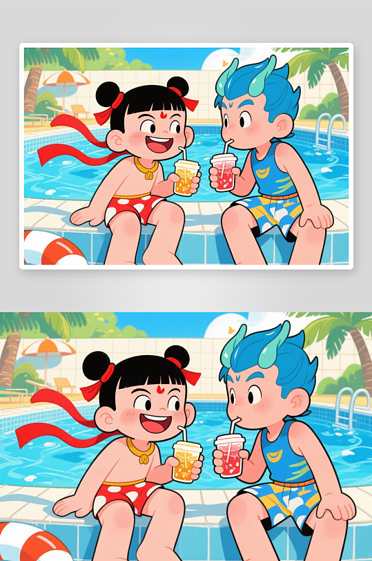 哪吒敖丙游泳游泳池夏季暑期卡通人物插画-众图网