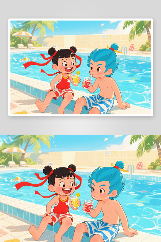 哪吒敖丙骑海豚夏季暑期卡通人物插画-众图网