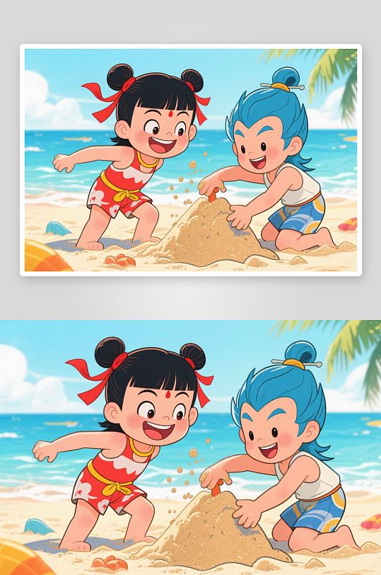 哪吒敖丙骑海豚夏季暑期卡通人物插画