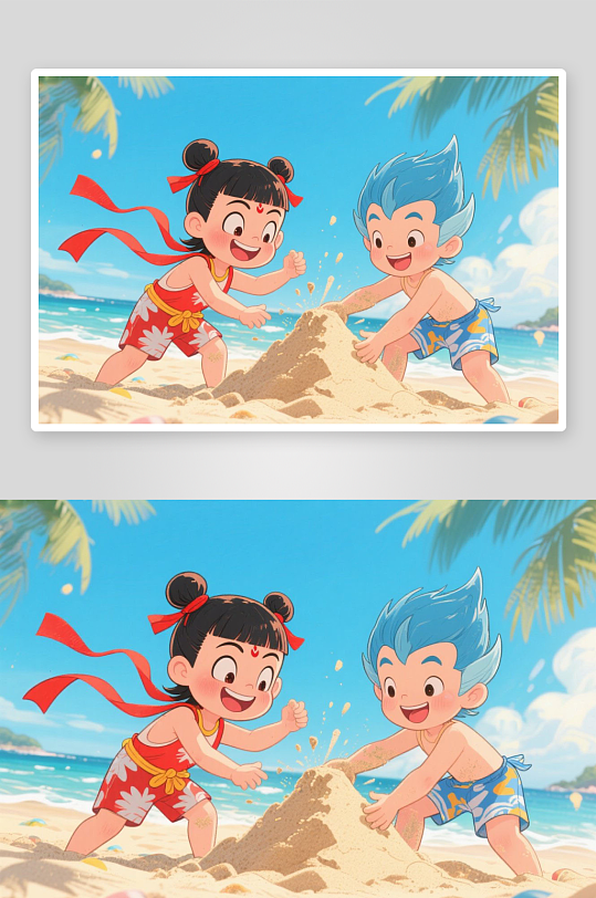 哪吒敖丙骑海豚夏季暑期卡通人物插画-众图网