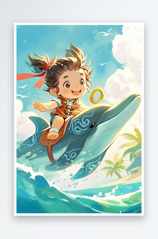 哪吒敖丙骑海豚小鱼夏季暑期卡通人物插画-众图网