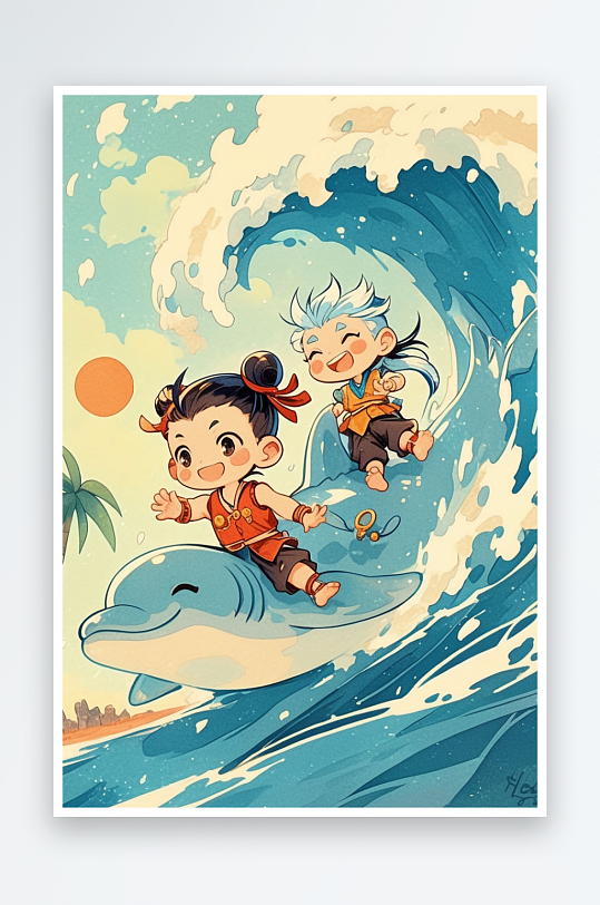 哪吒敖丙吃西瓜喝饮料夏季暑期卡通人物插画-众图网