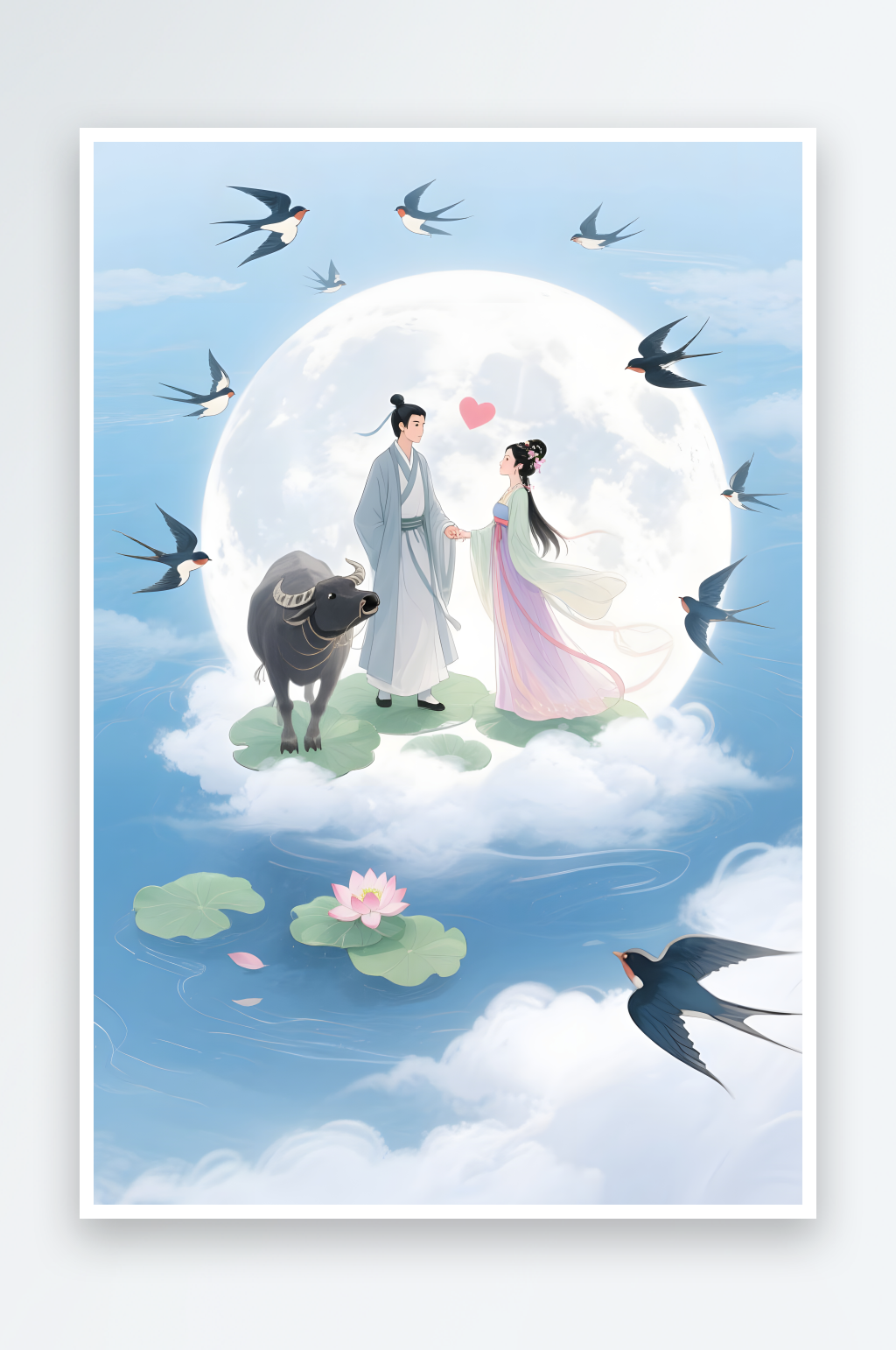 七夕牛郎织女情人节古代人汉服情侣插画素材