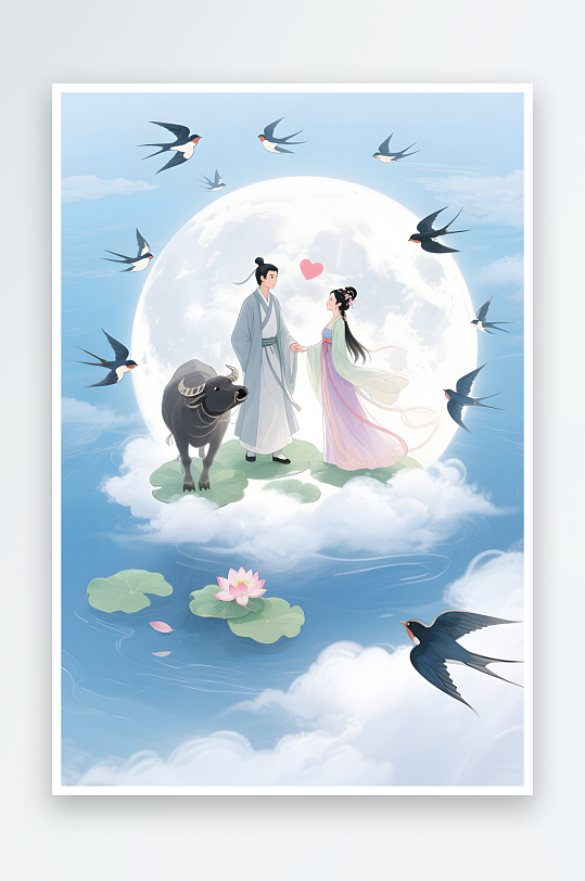 七夕牛郎织女情人节古代人汉服情侣插画-众图网