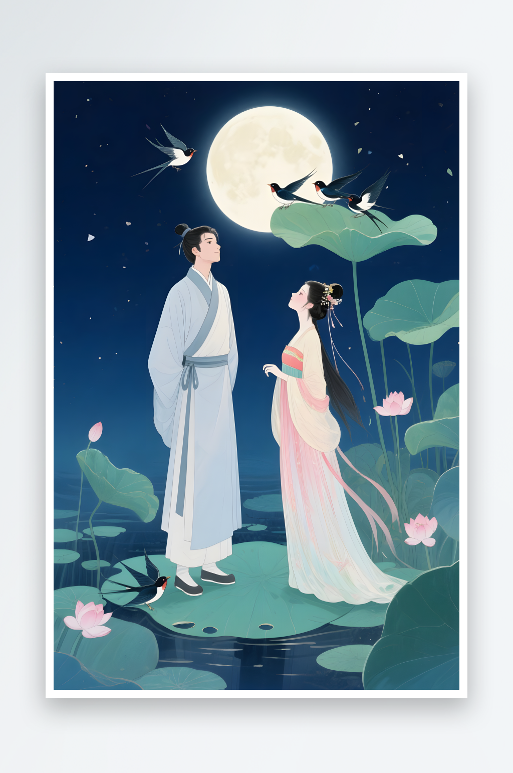 七夕牛郎織女情人節(jié)古代人漢服情侶插畫素材