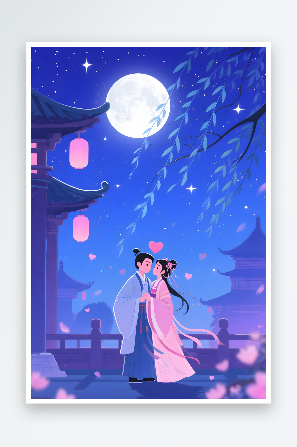 扁平七夕樱花情人节古代人汉服情侣插画素材