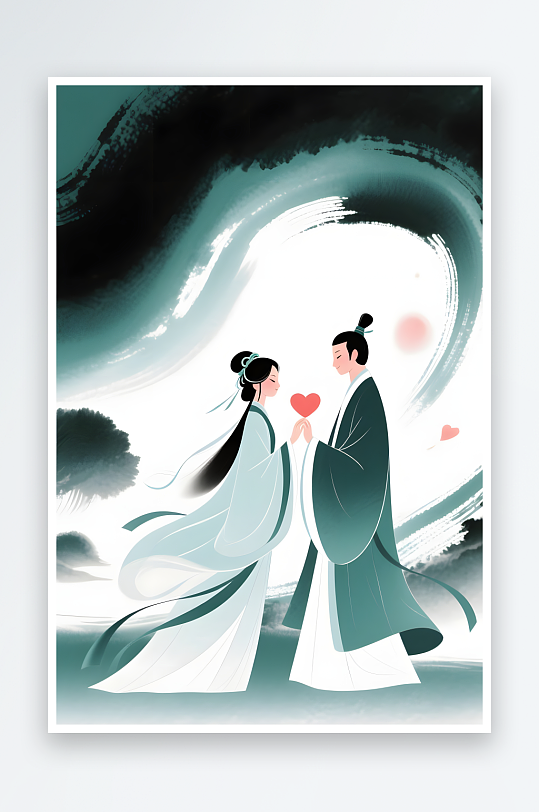 扁平七夕櫻花情人節(jié)古代人漢服情侶插畫