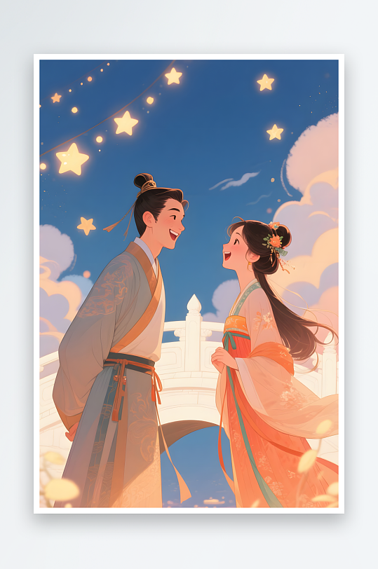扁平水墨七夕樱花情人节古代人汉服情侣插画-众图网