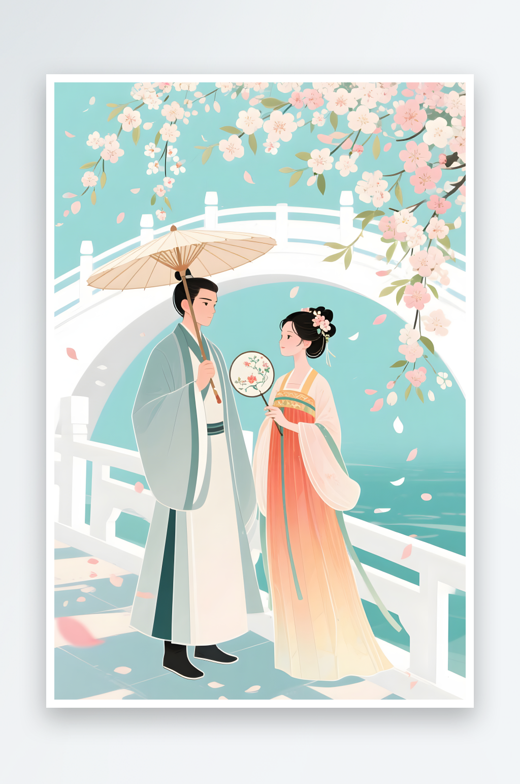 扁平水墨七夕樱花情人节古代人汉服情侣插画素材
