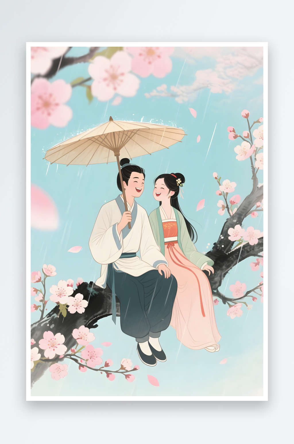 扁平水墨七夕樱花情人节古代人汉服情侣插画素材