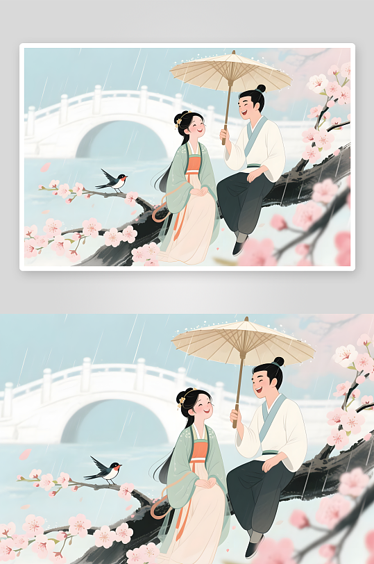 扁平水墨七夕樱花情人节古代人汉服情侣插画