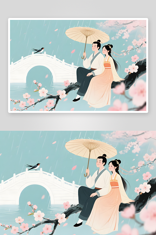 扁平水墨七夕櫻花情人節(jié)古代人漢服情侶插畫