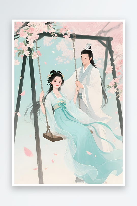 剪影七夕樱花情人节古代人汉服情侣插画-众图网