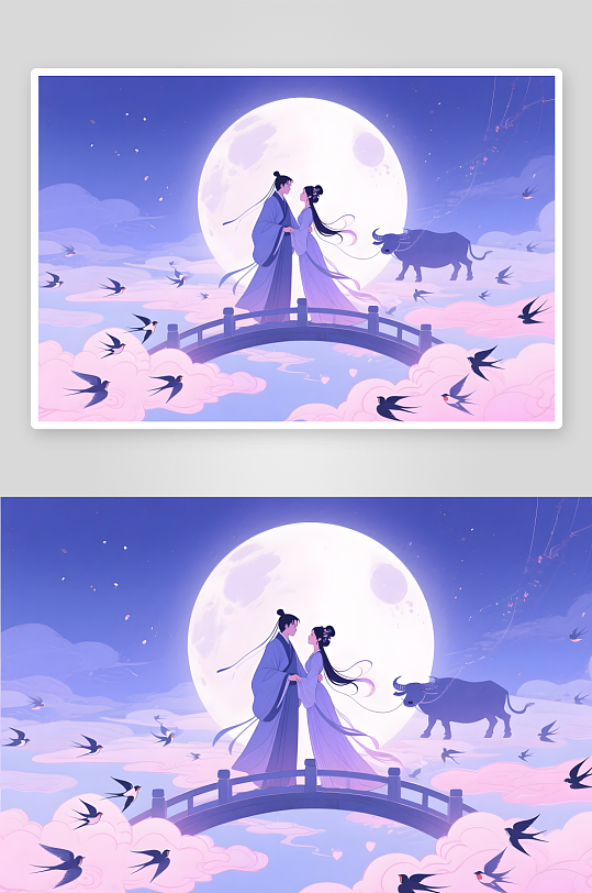 剪影七夕樱花情人节古代人汉服情侣插画-众图网