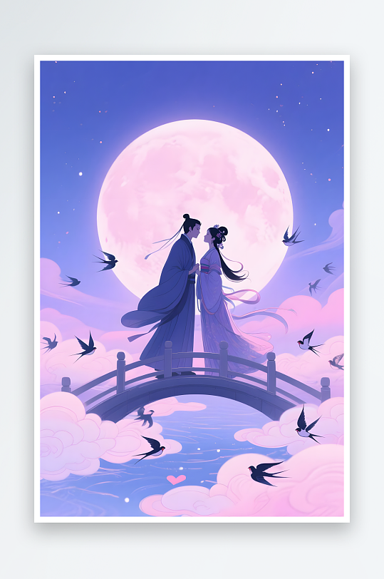 剪影七夕樱花情人节古代人汉服情侣插画-众图网