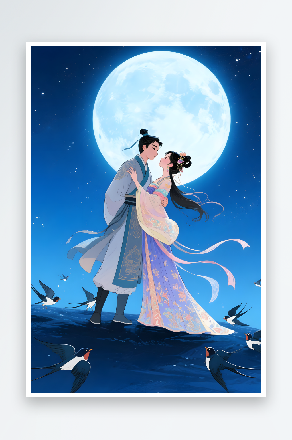 剪影七夕喜鹊情人节古代人汉服情侣插画素材
