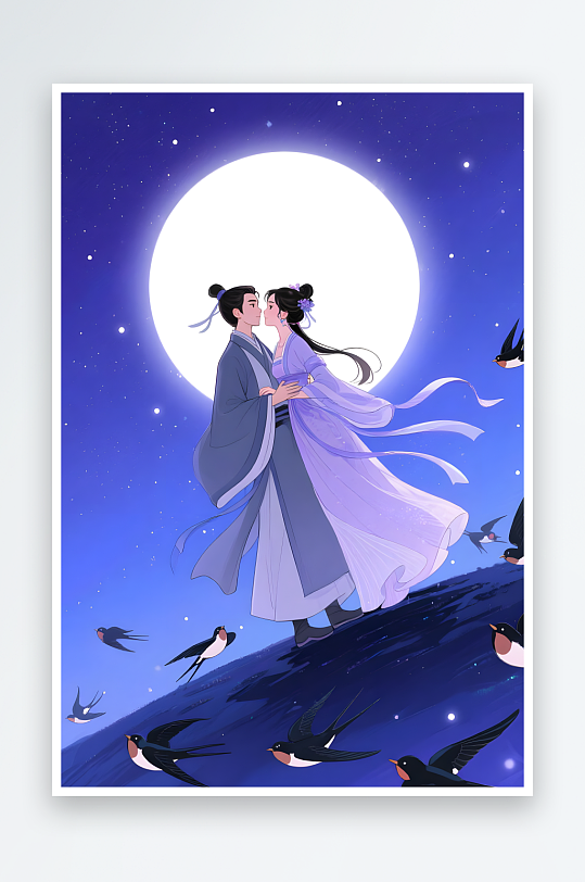 剪影七夕喜鹊情人节古代人汉服情侣插画-众图网