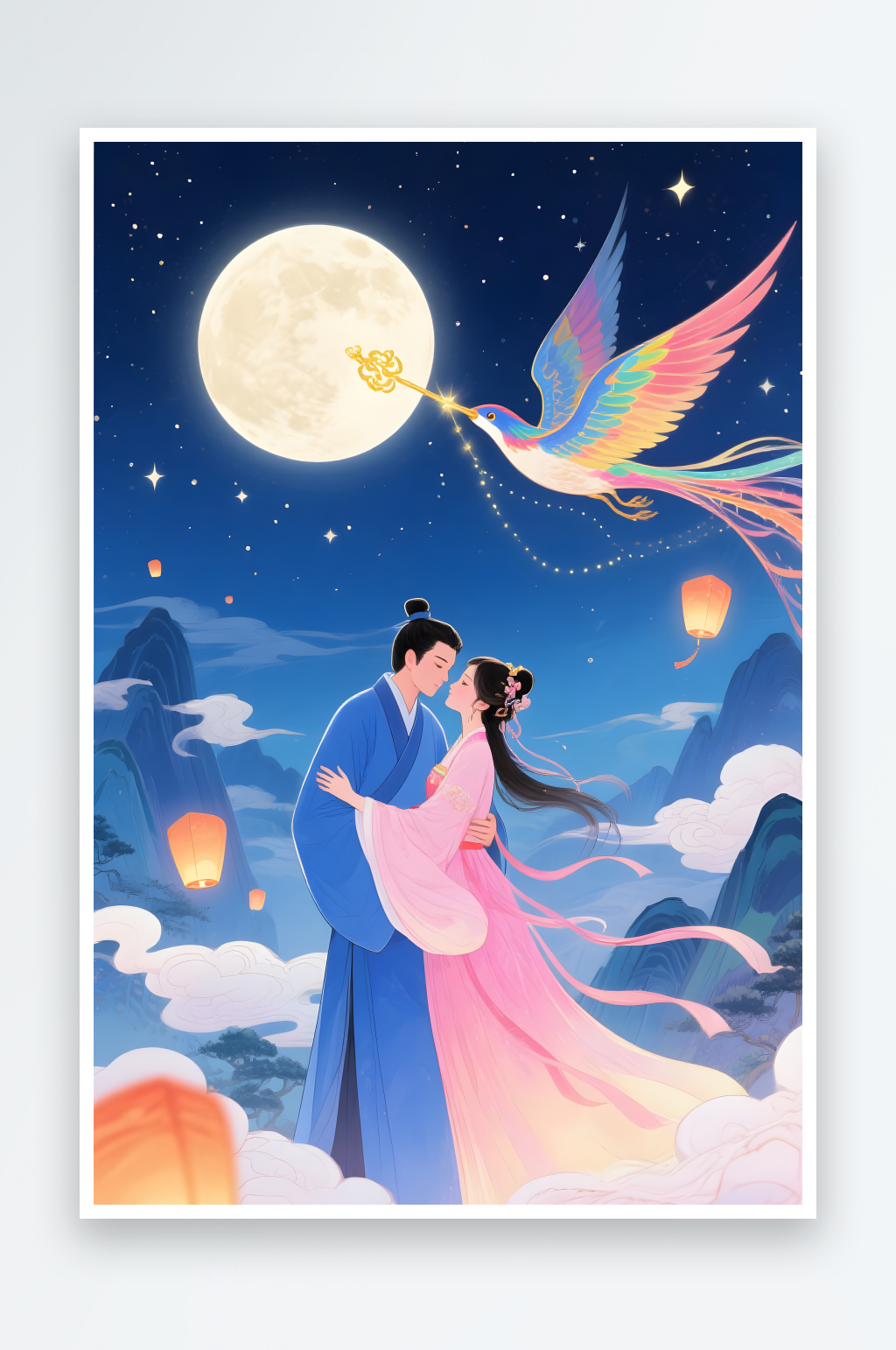 剪影七夕喜鹊情人节古代人汉服情侣插画素材