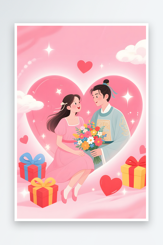 剪影七夕喜鹊情人节古代人汉服情侣插画-众图网