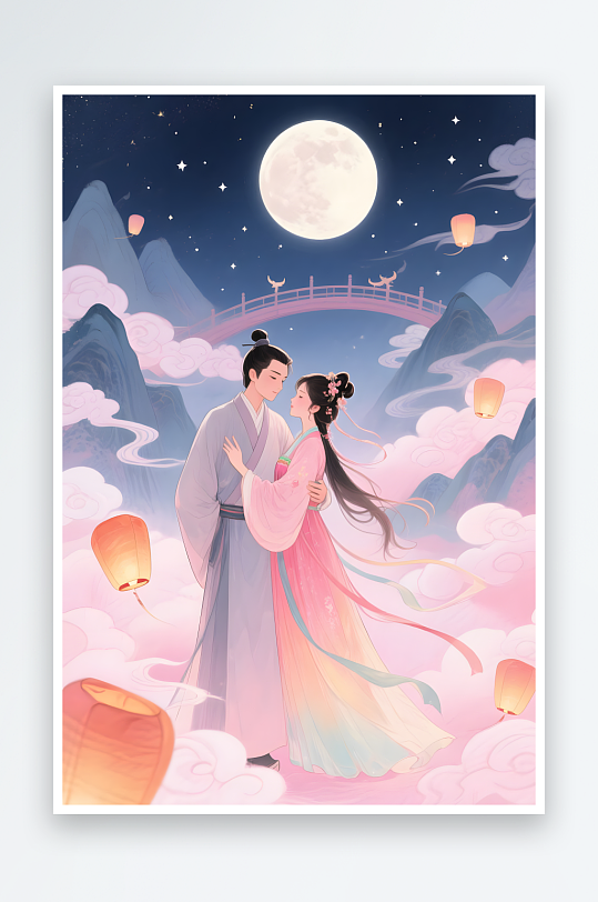剪影七夕喜鹊情人节古代人汉服情侣插画