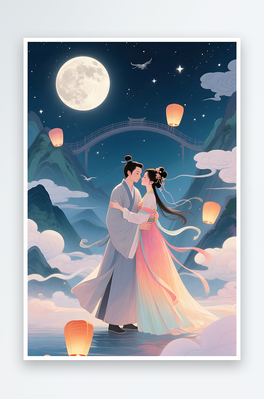 剪影七夕灯会樱花情人节古代人汉服情侣插画-众图网