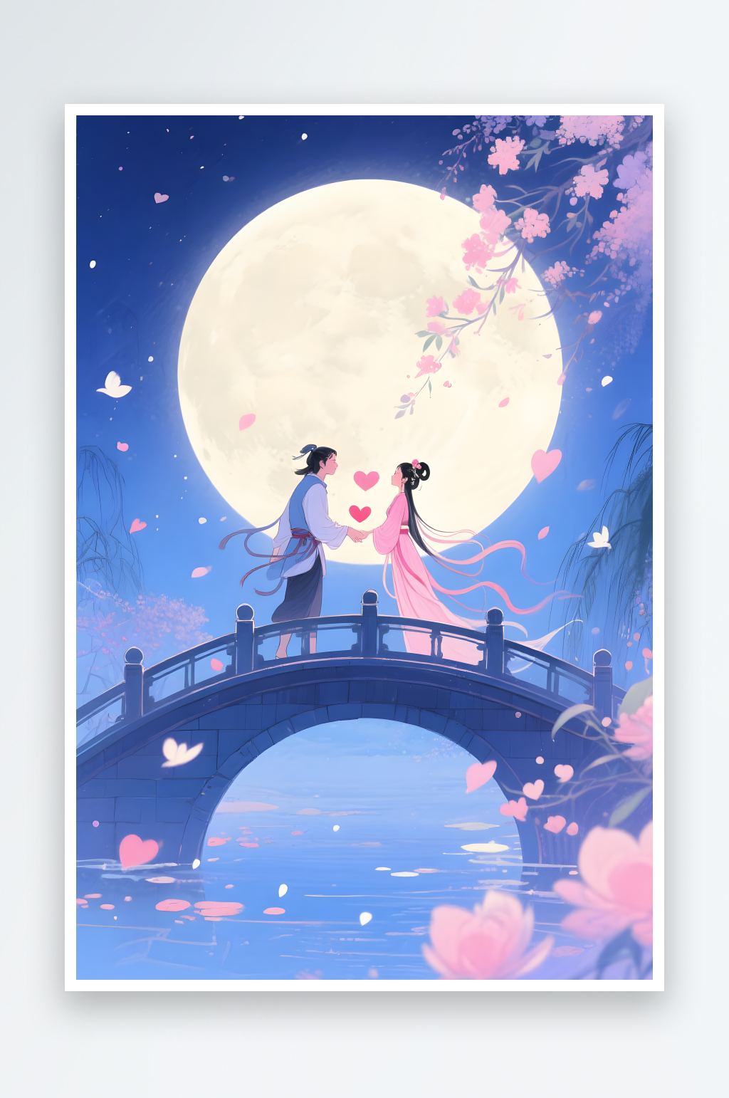 剪影七夕燈會(huì)櫻花情人節(jié)古代人漢服情侶插畫素材