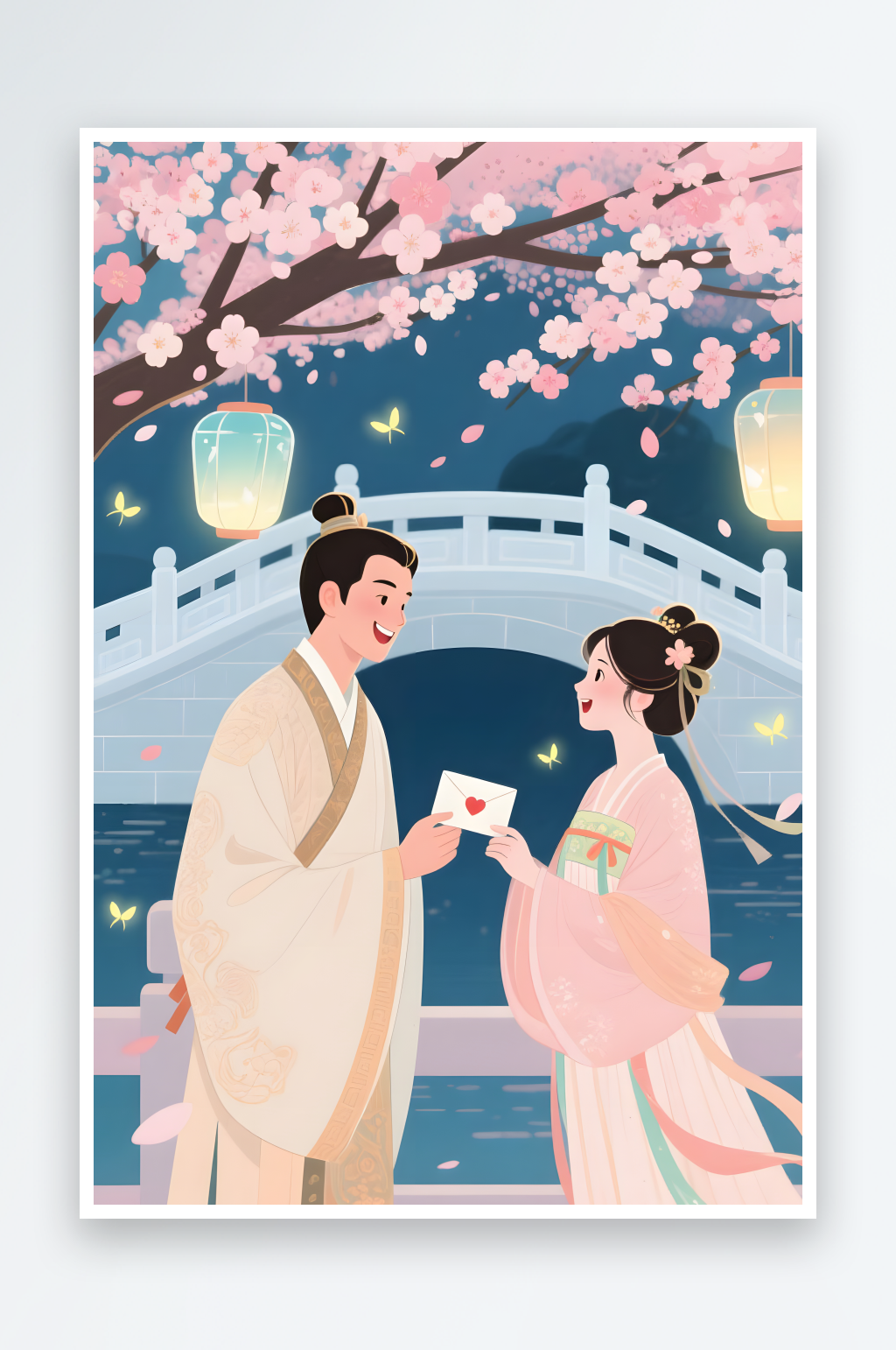 剪影七夕燈會櫻花情人節(jié)古代人漢服情侶插畫素材