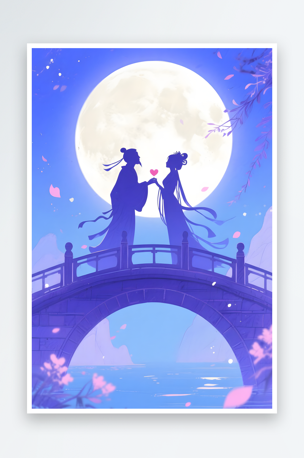 剪影七夕燈會櫻花情人節(jié)古代人漢服情侶插畫素材