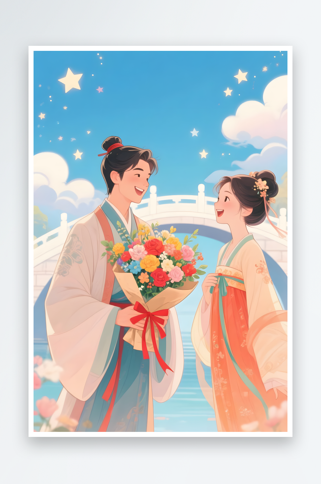 剪影七夕灯会樱花情人节古代人汉服情侣插画素材