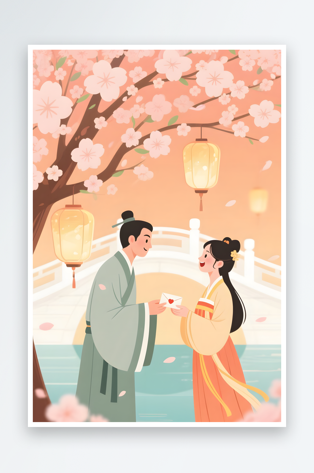 剪影七夕燈會櫻花情人節(jié)古代人漢服情侶插畫素材