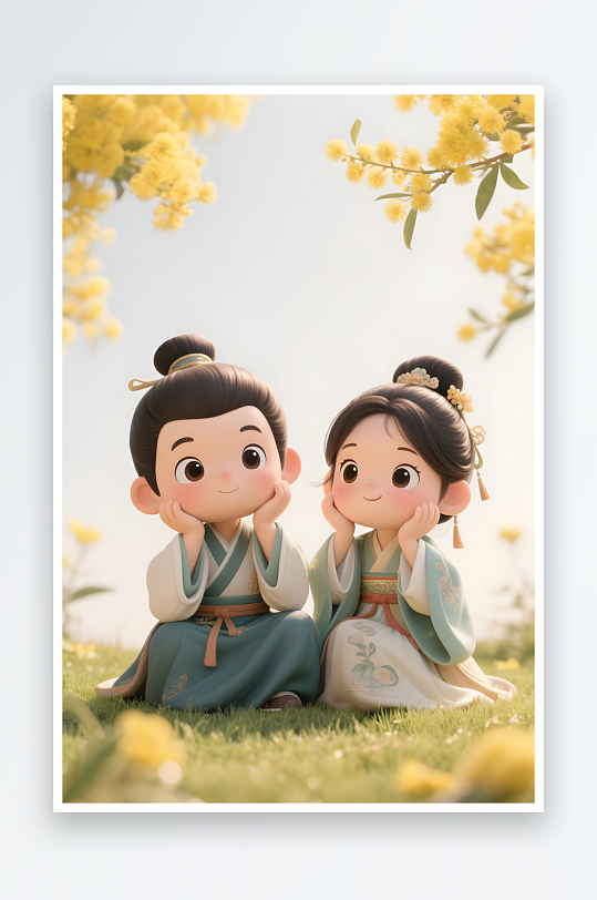 AI七夕情人节古代人汉服情侣模型插画-众图网