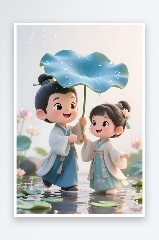 AI七夕情人节划船古代人汉服情侣模型插画-众图网