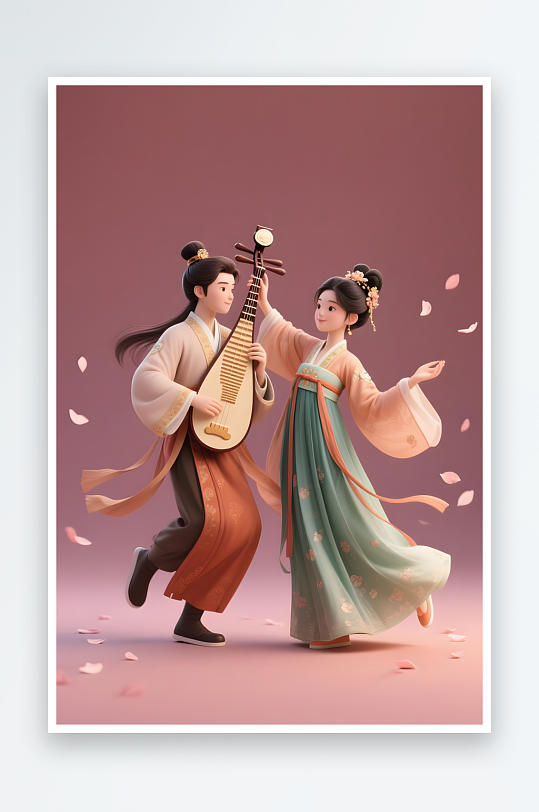 AI七夕情人节划船古代人汉服情侣模型插画