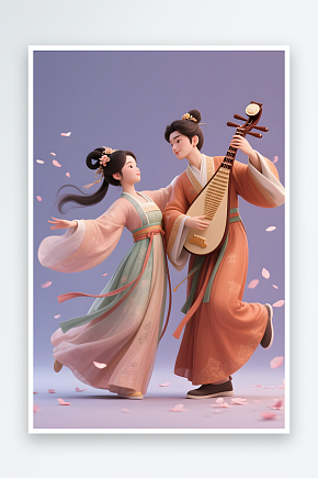 七夕情人节弹琴跳舞古代人汉服情侣模型插画素材下载-众图网