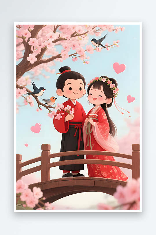 七夕情人节吃西瓜古代人汉服情侣模型插画-众图网