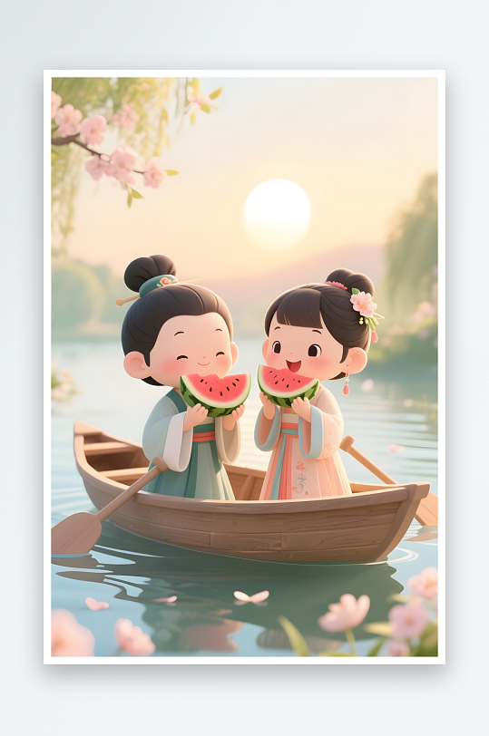 七夕情人节西瓜跳舞古代人汉服情侣模型插画-众图网