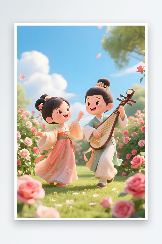 七夕情人节西瓜跳舞古代人汉服情侣模型插画-众图网