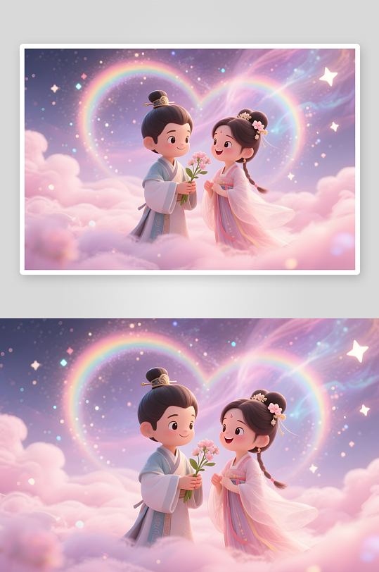 七夕情人节西瓜跳舞古代人汉服情侣模型插画-众图网