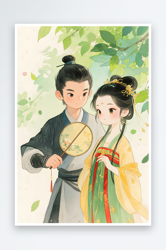 七夕情人节古代人汉服Q版情侣摘花-众图网