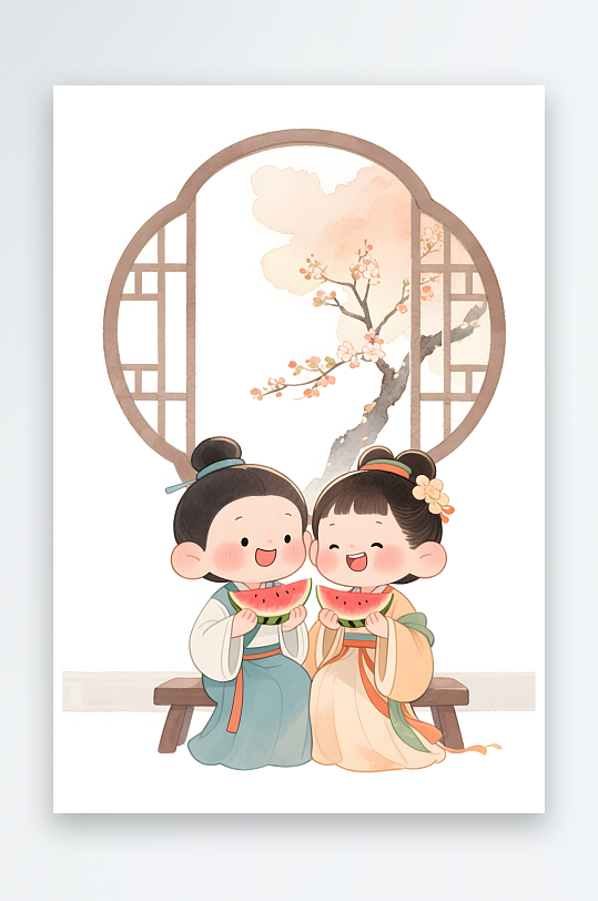 吃西瓜七夕情人节古代人汉服Q版情侣插画-众图网
