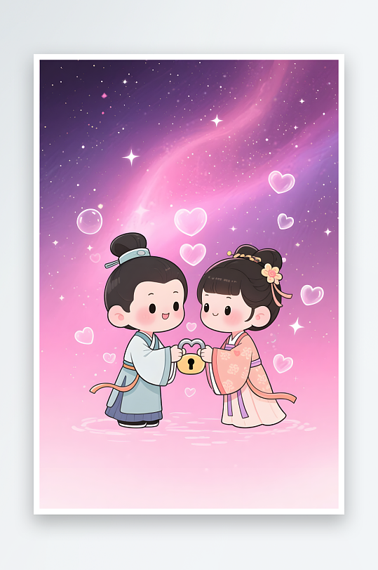 樱花灯会七夕情人节古代人汉服Q版情侣插画-众图网