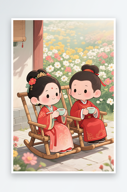 樱花灯会七夕情人节古代人汉服Q版情侣插画-众图网