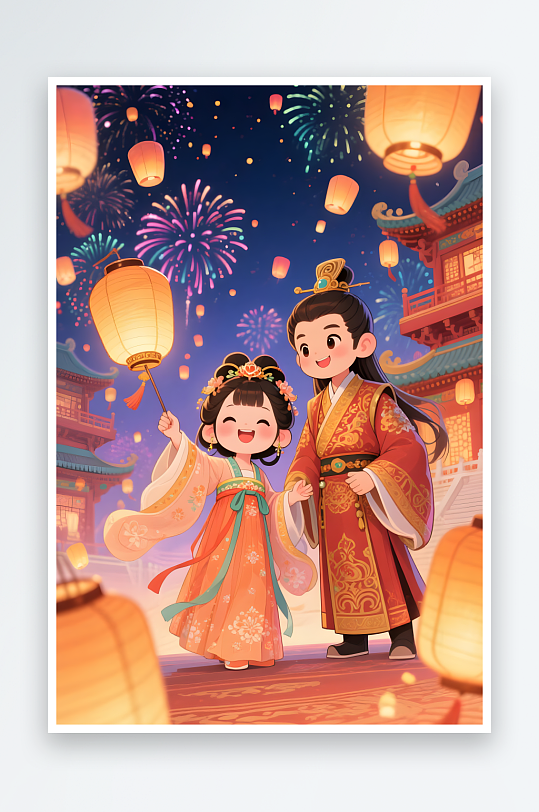 樱花灯会七夕情人节古代人汉服Q版情侣插画