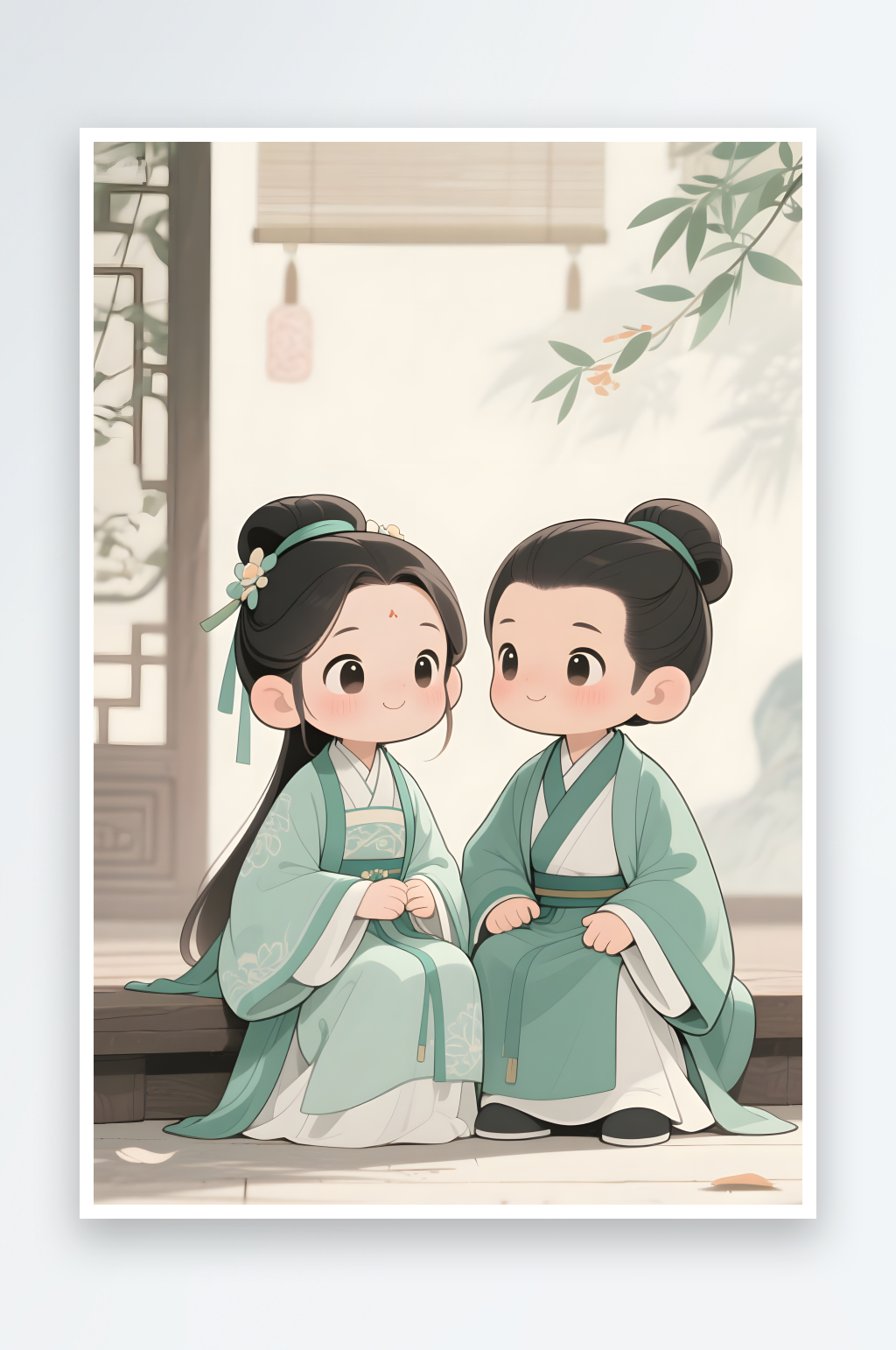 樱花灯会七夕情人节古代人汉服Q版情侣插画素材