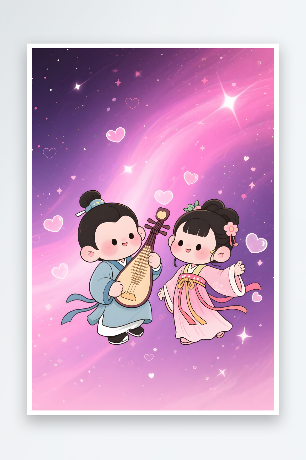 弹琴跳舞七夕情人节古代人汉服Q版情侣插画素材