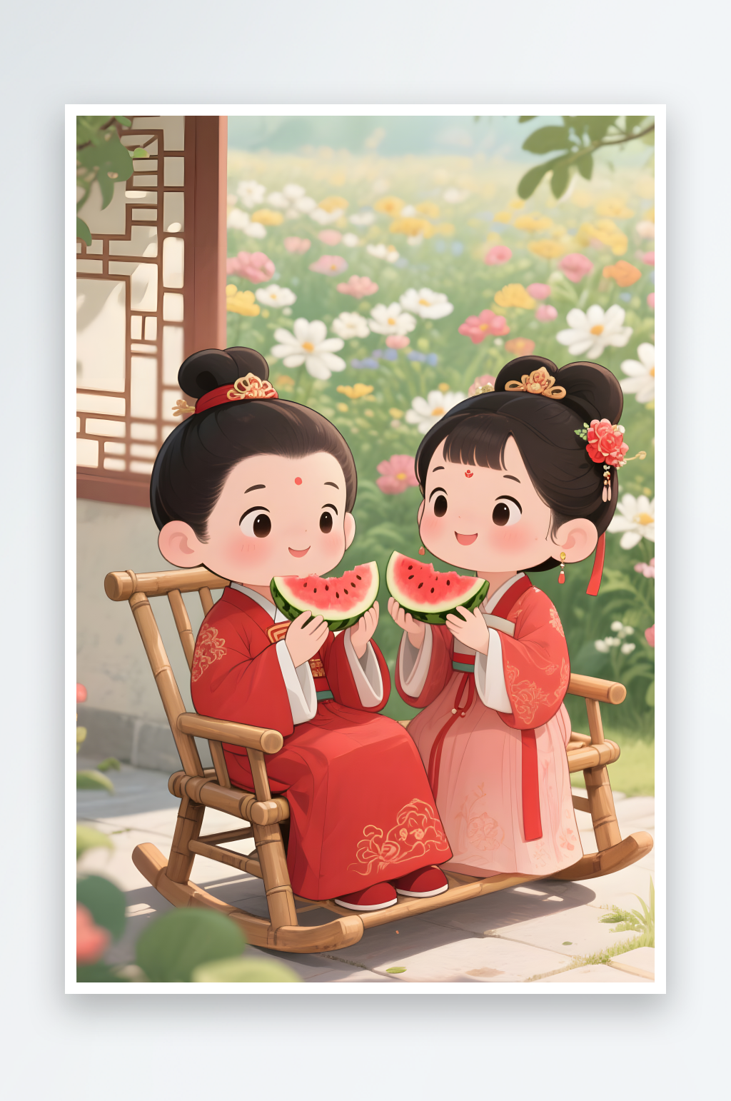 彈琴跳舞七夕情人節(jié)古代人漢服Q版情侶插畫素材