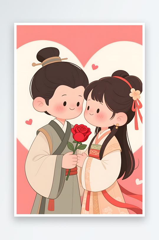 划船西瓜七夕情人节古代人汉服Q版情侣插画-众图网