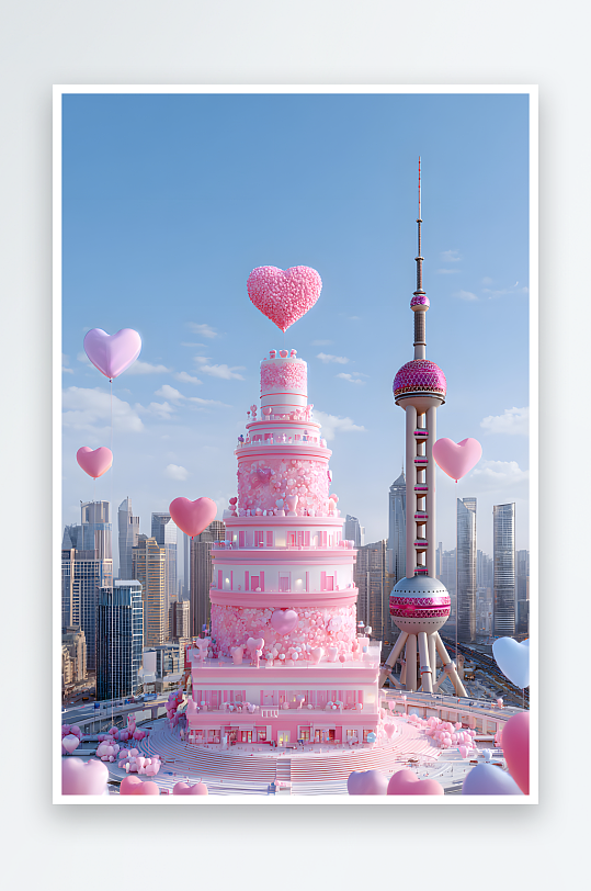 浪漫粉色七夕情人节立体爱心建筑模型-众图网