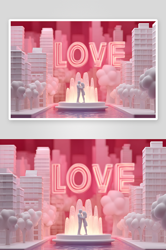 浪漫粉色喷泉七夕情人节立体爱心建筑模型-众图网